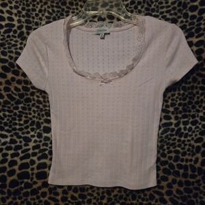 Feminine Pink Lace Trim Tee
